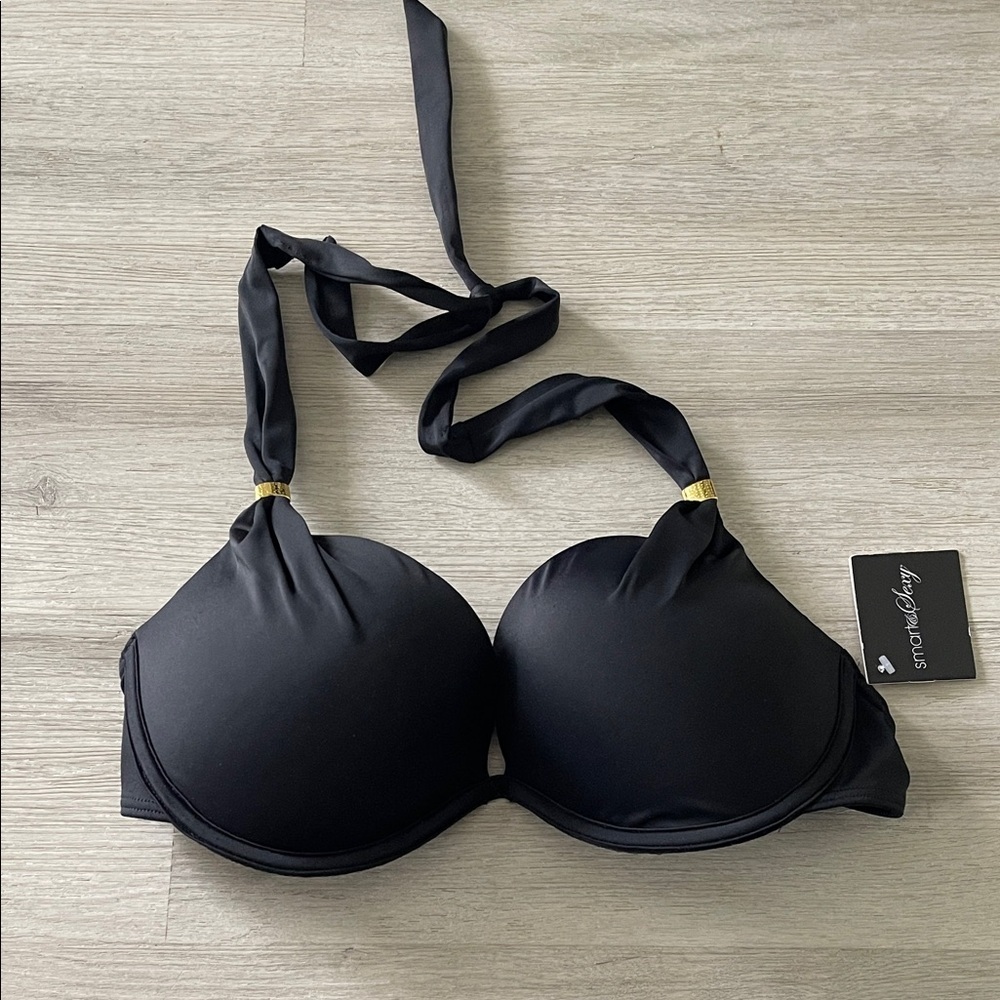NWT Smart & Sexy Black Halter bikini Top push up 38C